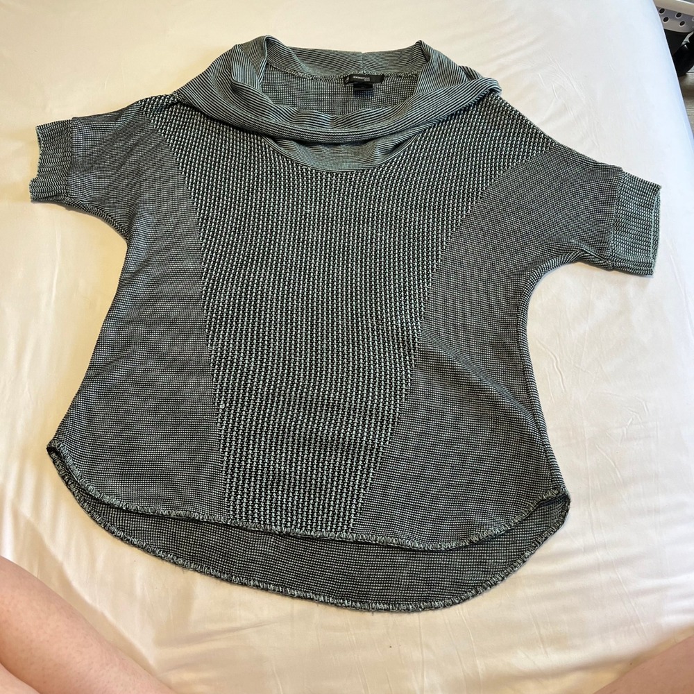 New Directions Petite Black White Cowl Neck Mixed Knit Short Sleeve Sweater PL